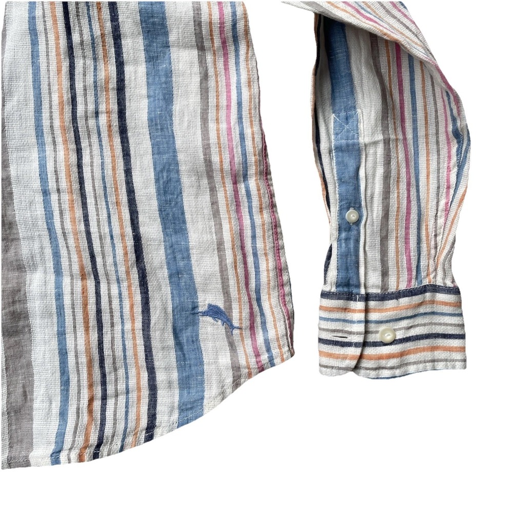 Men's Tommy Bahama Linen Button Up Shirt Medium Long Sleeve Multicolor Striped - Picture 3 of 9